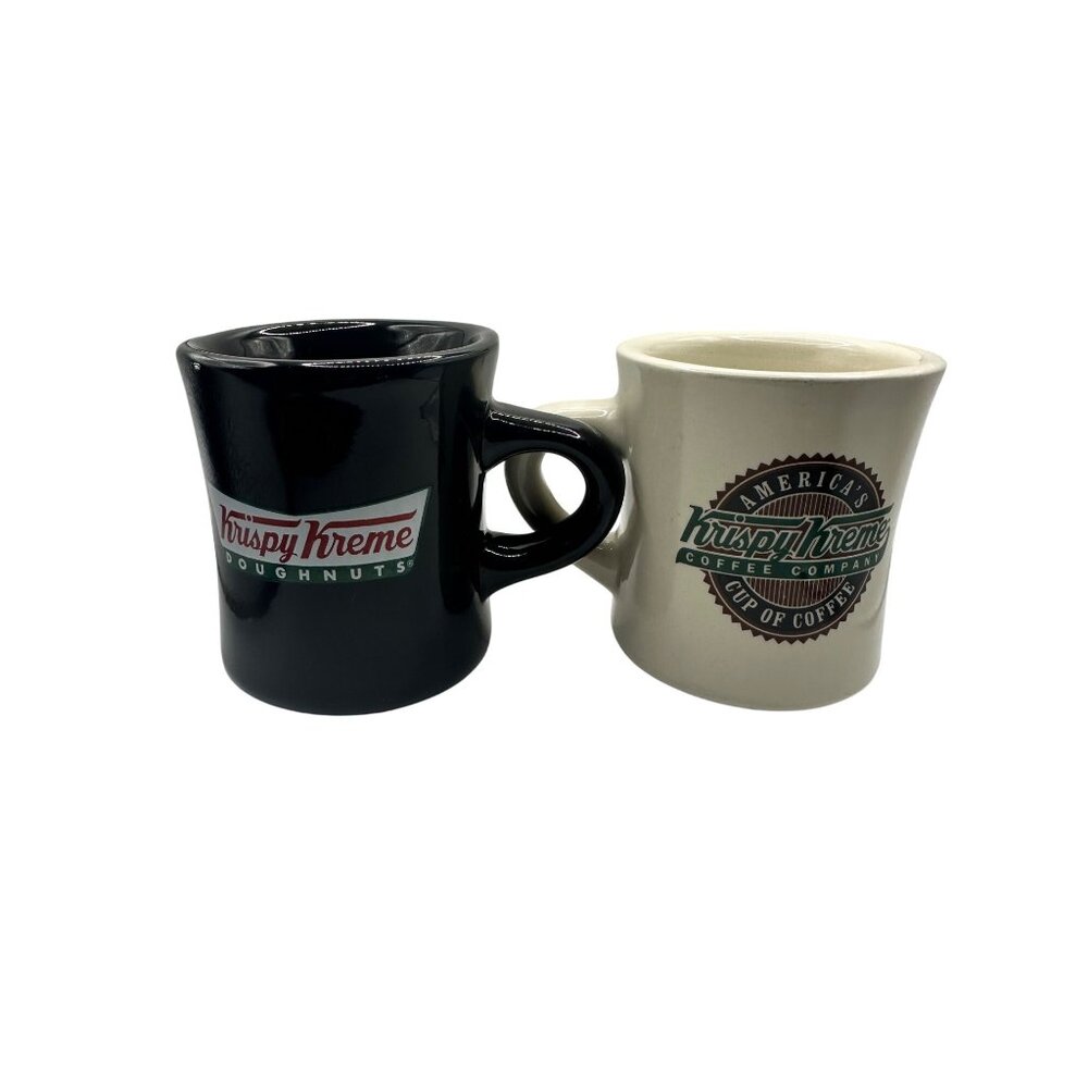 Vintage Krispy Kreme Coffee Mug Pair Black & Cream Ceramic Collectible Retro